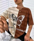 Trendy womens casual printed t-shirt in brown and white with drop shoulders and round neck, oversized fit and butterfly print on a combo pack of 2