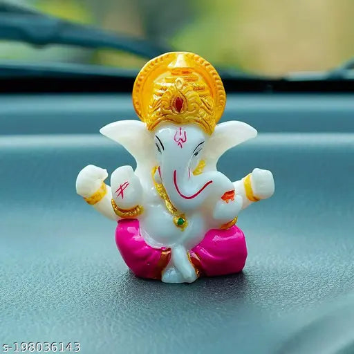 Pink polyresin Lord Ganesha idol figurine, Indian religious showpiece for car dashboard accessories (5cm x 5cm)
