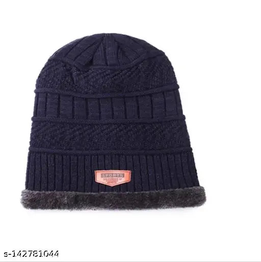 Dark blue fur trimmed beanie cap with neck warmer, snow proof, inside, unisex