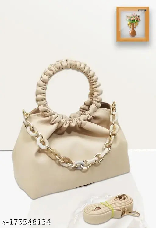 Stylish sling bag for women, beige fabric with white chain accents