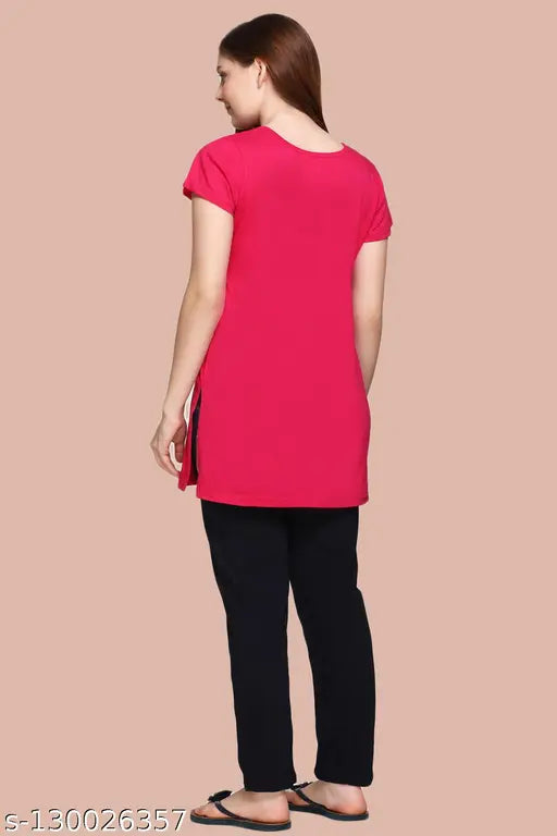 White Moon women's cotton long sleepwear, printed allover half sleeve round neck, with side slits & pockets (Light Red/Black Set), summer casual daily wear for women