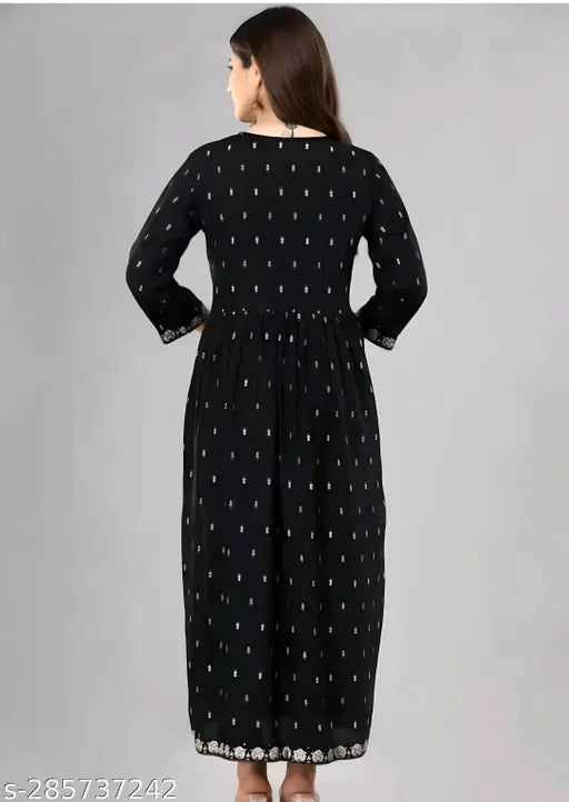 Embroidered rayon black kurta with beads and stone work, long sleeves - Indian traditional Naira cut