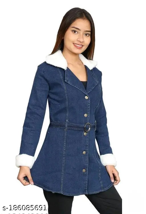Dark blue denim jacket, long sleeves, winter wear for women and teens, fur detail, gentle wash
