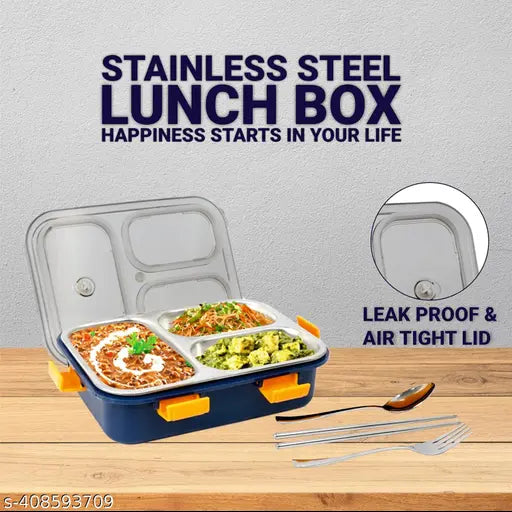 Box Sealed Leakage Proof Stainless Steel Lunch Box with Fork,Chopstick & Spoon Lid Office Food Container 3 Compartment for School Kids and Adults, 750ml (Blue)