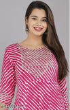 Pink rayon Anarkali Kurta with embroidered Laheriya print, suitable for festive occasions, made by Kushi Design in India
