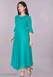 Teal rayon round flared bell sleeves kurti with three-quarter sleeves, suitable for casual and formal occasions. Size declaration: choose two inches larger than body measurement (e.g., Bust size 36"(S), select garment size 38"(M)). Made in India