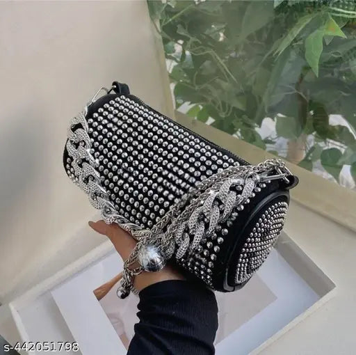 Black studded leather round sling bag, chain handle