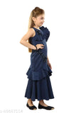 Kids girls Western-style polyester maxi dress, solid net, sleeveless, fish cut, hand-embroidered neck and waist, zipper back, 8-9 years size