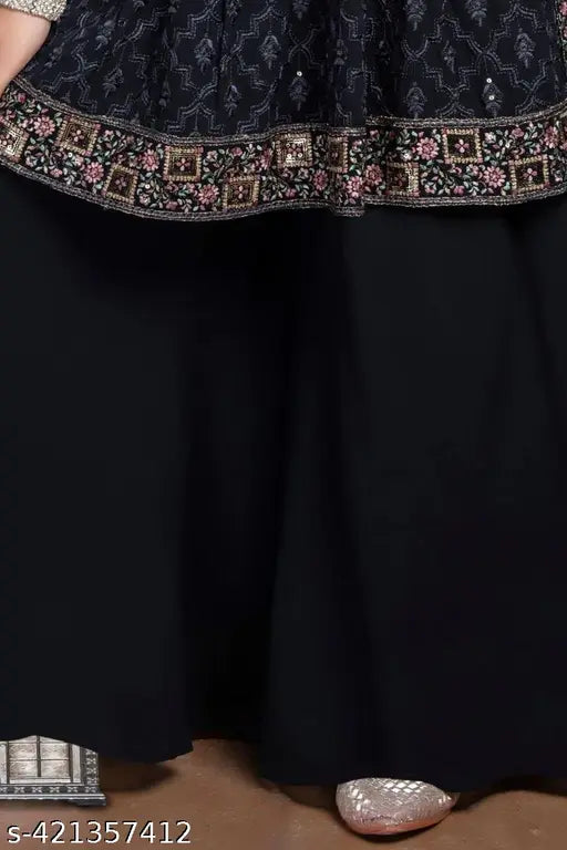 Black and multicolor embroidered sequins work peplum top and palazzo set for girls, A-line with dupatta, georgette fabric, sizes from 3-16 years