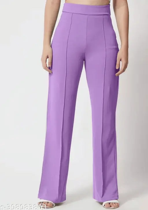 Purple high-rise bell bottom trousers for women, polyester blend fabric