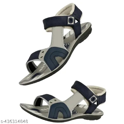 Grey blue synthetic leather boys sandals with printed net pattern, ideal for 8-12 years, fastened with Velcro