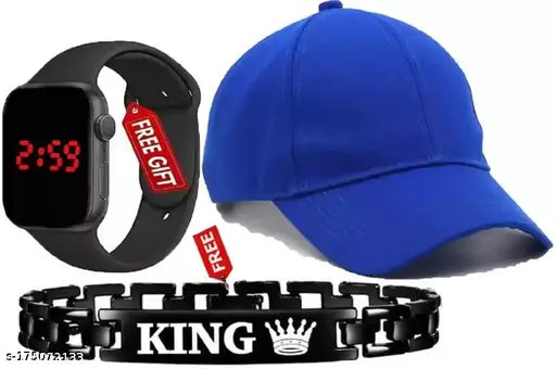 Stylish sporty plain adjustable cotton baseball caps with square LED band watches and metal king bracelets combo - pack of 3 for men and boys, Indian made