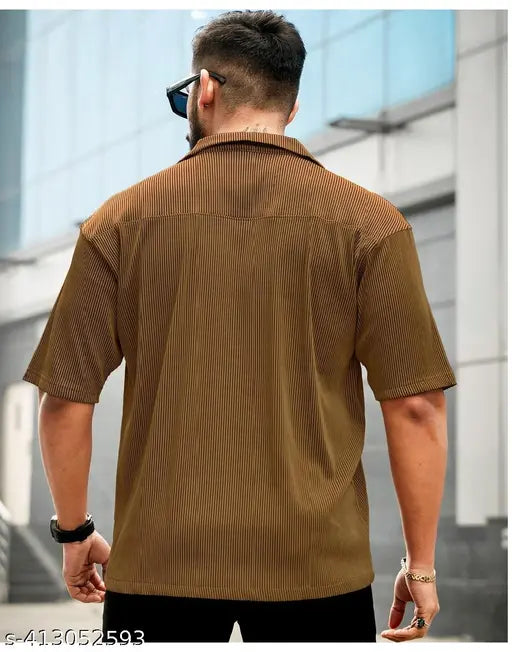 Men's drop shoulder collar polycotton T-shirt with three-quarter sleeves, printed pattern. Relaxed fit for casual or work wear, suitable for spring/summer, ideal for daily use, vacations, gifts. Made in India