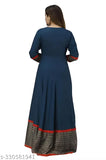 Rayon blue long dress with red bottom, embellished with jal bordar style border