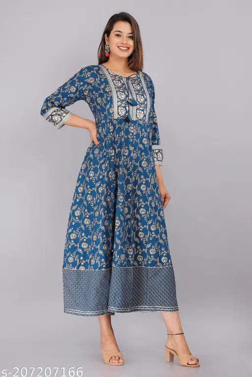 Womens long-length printed anarkali dress, blue color