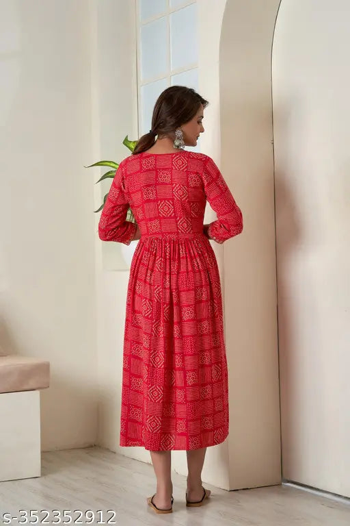 Embroidered rayon Anarkali kurti in printed combo, three-quarter sleeves for women S-50, Indian ethnic wear