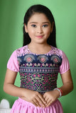 Kids printed dupion silk lehenga choli with botanical design, short sleeves, and matching dupion silk dupatta. Traditional Indian two-piece outfit for girls aged 1-7 years old, originating from India
