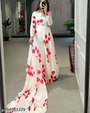 Soft silk designer gown with printed net dupata, long sleeves on mannequin