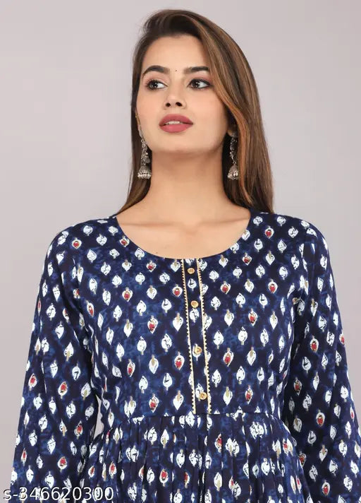 Rayon slub three-quarter sleeve ethnic print kurta, vibrant colors, casual and office wear, home washable, India origin