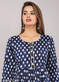 Rayon slub three-quarter sleeve ethnic print kurta, vibrant colors, casual and office wear, home washable, India origin