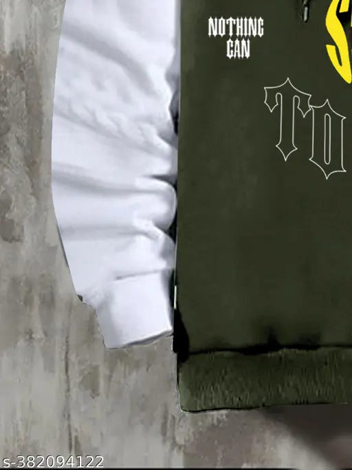 Olive & white cottonblend slim fit T-shirt for men, printed design on full sleeve and hooded neck