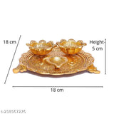 Brass pooja thali set with 3 diya, traditional Indian handicraft for home, kitchen, office, or gift (1 piece). Handcrafted brass plate features a swastik and floral design. Dimensions: L-B-H-18x18x4 cm