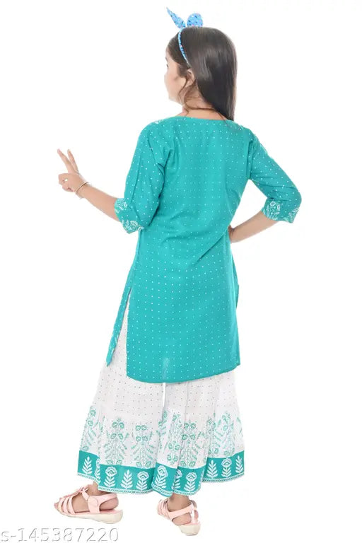 Printed rayon peplum top and sharara set for girls, ideal for festivals, mix-and-match versatility, India origin