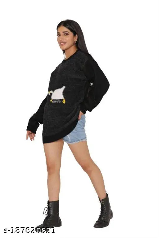 Trendy wool printed sweater for women, long sleeves, free size (21in bust, 28in length), Indian origin
