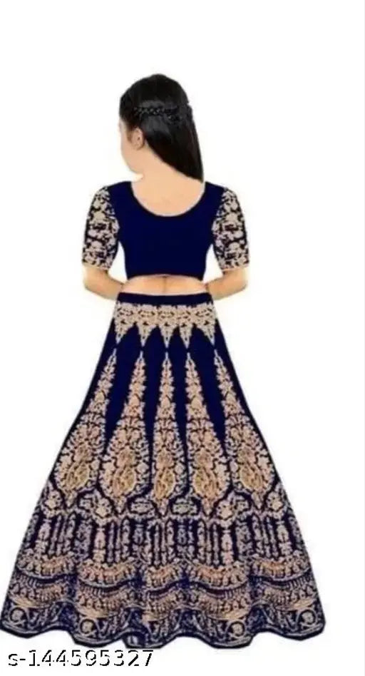 Blue velvet lehanga choli set, semi-stitched net dupatta with dyed/washed patterns for kids aged 6-7 years