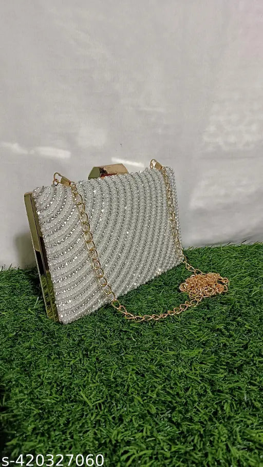 Pearl clutch purse, fashion accessory for women, gold-toned chain, crystal embellishments