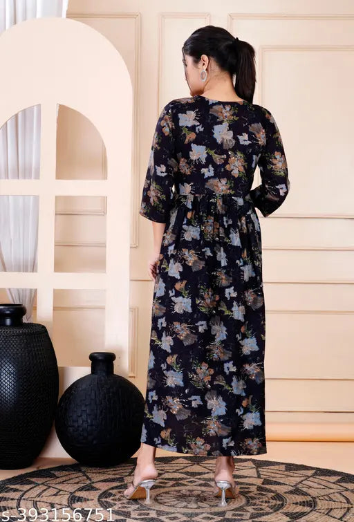 Rayon printed black Aliya cut flared kurta with three-quarter sleeves, featuring intricate Indian pattern. Women's style for M (38in bust, 44in length) and L (40in bust, 44in length)