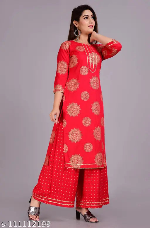 Rayon rayon print net kurta with palazzos, three-quarter sleeves for XXL women's Indian fashion
