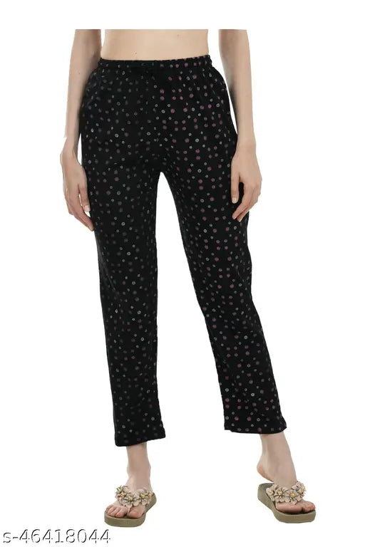 KAVYA womens cotton track pants with pink and black polka dot pattern