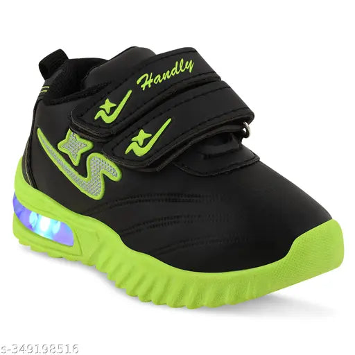 Green and yellow Handly collection kids' led shoes with black velcro straps, lightweight design, suitable for outdoor sports activities