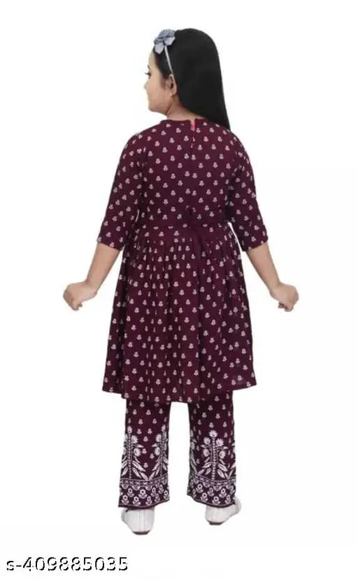 Maroon rayon kurta set with palazzos for kids, festive Indian ethnic wear