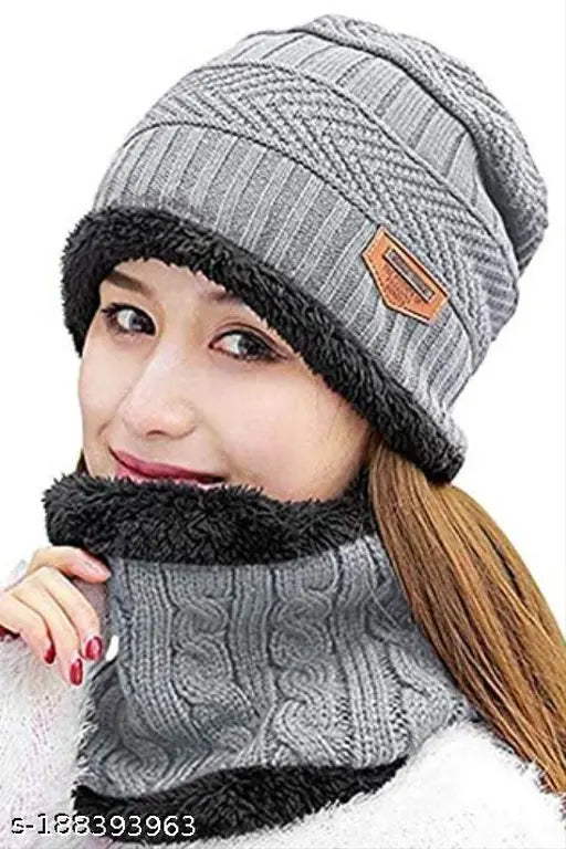 Gray fleece scarf and hat set for winter, plush, cute bear ears, solid color