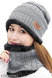 Gray fleece scarf and hat set for winter, plush, cute bear ears, solid color