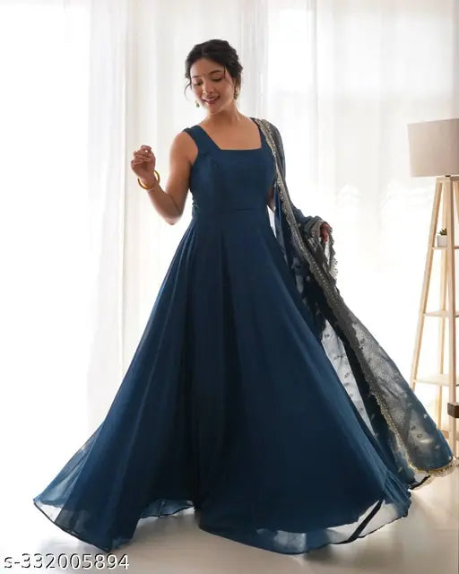 Georgette retro women's gown, pure soft fox embroidery sequin work, sleeveless, full-length with inner micro cotton, 55.56 inches length, S-XXL sizes available