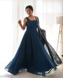 Georgette retro women's gown, pure soft fox embroidery sequin work, sleeveless, full-length with inner micro cotton, 55.56 inches length, S-XXL sizes available