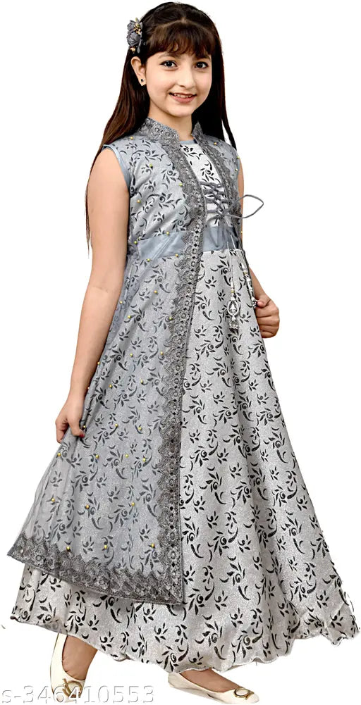 Pink floral printed net long ethnic gown, sleeveless & breathable for parties, aged 10-13 years, Indian origin