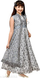Pink floral printed net long ethnic gown, sleeveless & breathable for parties, aged 10-13 years, Indian origin