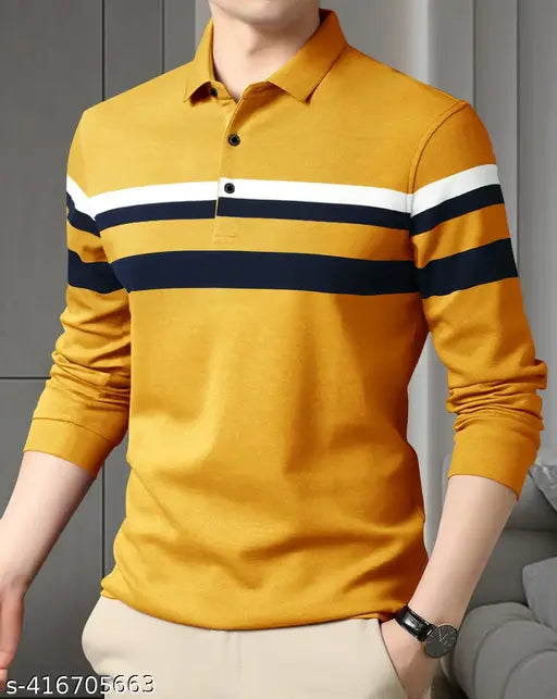 Men's multicolor cotton blend polo neck T-shirt with striped pattern, long sleeves. Lightweight, breathable, and softens with wear for various outfits and occasions. Made in India