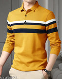 Men's multicolor cotton blend polo neck T-shirt with striped pattern, long sleeves. Lightweight, breathable, and softens with wear for various outfits and occasions. Made in India
