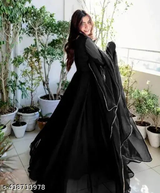Black georgette trendy gown set for women, long sleeves, solid pattern, Indian fabric for parties or formal events