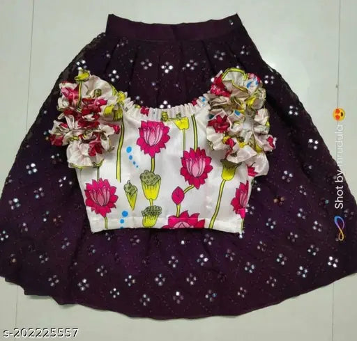 Kids Baby Girls Classic Lengha Choli: Satin top, rayon lehenga, georgette dupatta, short sleeves, printed top, embroidered lehenga, stitched, N=1. Traditional Indian girls outfit on display