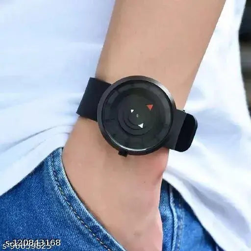 Black leather band analog watch for men