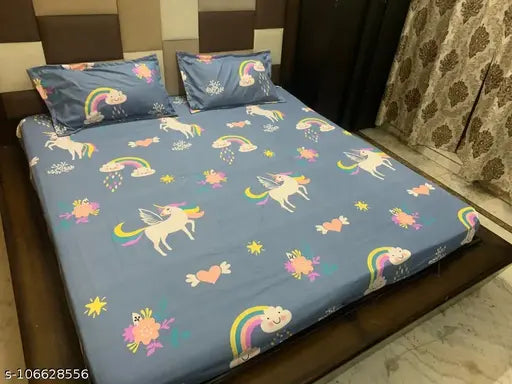 Glace cotton double bed fitted sheets, unicorn pattern, kids size 72X78 inches, all-season comfort for year-round use