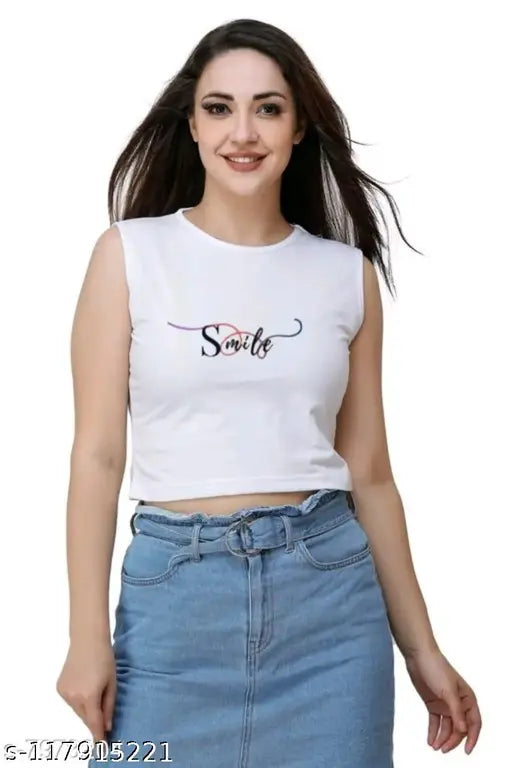 Classy latest cotton blend sleeveless t-shirt for women, printed net design, size S (bust 36in), made in India