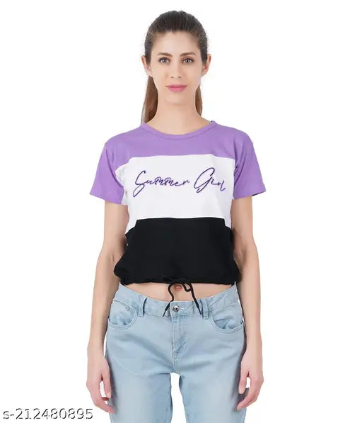 Berry Street cotton printed half-sleeve t-shirt, fashionable women's exclusive design with hip drawstring (India)