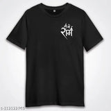 Black cotton t-shirt featuring graphic pocket design of Shree Ram Mandir, Lord Rama, and Hinduism themes for spiritual devotees. Simplistic round neck and short sleeves. Available in S - XL sizes. Made in India